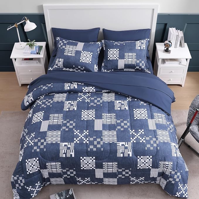 Twin XL Comforter Set Navy Blue, Plaid Bedding Set 5 Pieces for Boys Girls Teen, Classic Homestead-Style Comforter Set Bed in A Bag with Sheets, Pillowcase & Sham