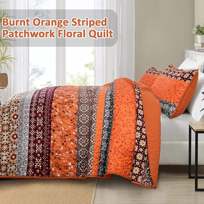 WONGS BEDDING Boho Quilt Set King,Fall Burnt Orange Bohemian Striped Patchwork Bedspread Coverlet Set with 2 Pillowcases,Lightweight Microfiber Floral Bedding Set 104"×90"
