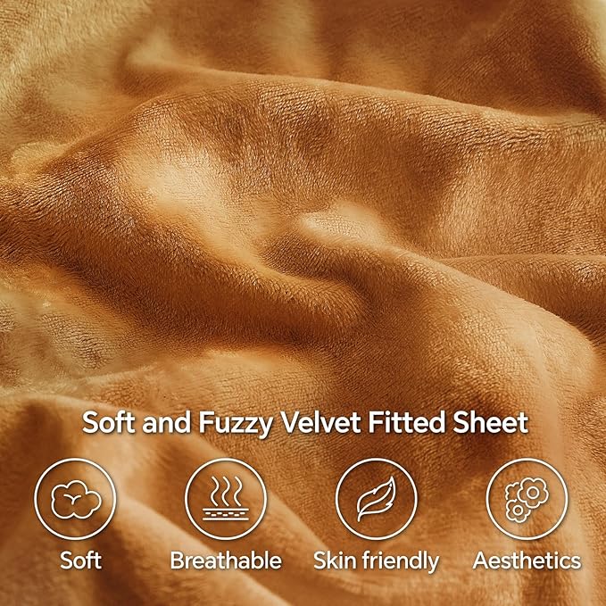 BEDELITE Velvet Fitted Sheet and Pillowcases Set, Luxury Soft Fuzzy Bottom Sheet with Reinforced Elastic Corner Straps, Deep Pocket up to 15 Inch, 1 Fitted Sheet and 2 Pillowcases (King, Burnt Orange)