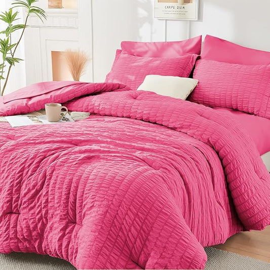 HYMOKEGE Hot Pink California King Comforter Set Seersucker 7 Pieces, All Season Luxury Bed in a Bag for Bedroom, Bedding Set with Comforter, Sheets, Pillowcases & Shams