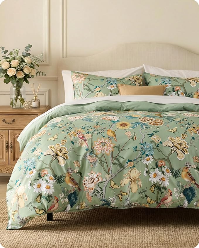 Bedsure 100% Cotton Reversible Floral Duvet Cover Queen Size - Flowers and Birds Pattern Printed Comforter Cover with Zipper Closure & 2 Pillow Shams, Comforter Sold Separately (Green Garden, 90"x90")