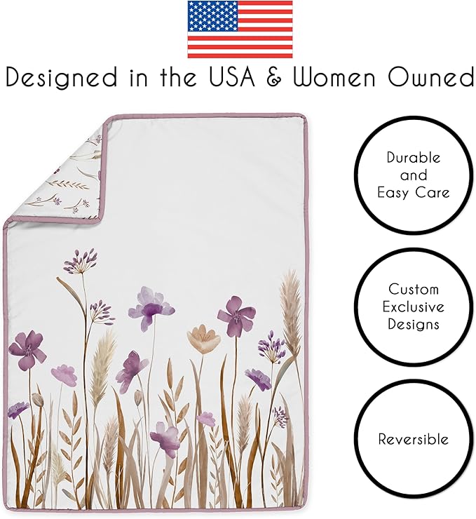 Sweet Jojo Designs 4-Piece Baby Crib Bedding Set (Purple Boho Floral) for Girls, Infants/Nursery incl. Blanket, Fitted Sheet, Skirt, Diaper Stacker (Vintage, Wildflower Garden, Bohemian, Farmhouse)