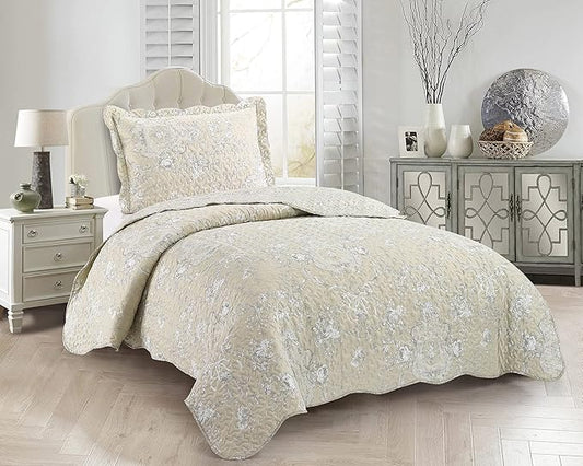Brilliant Sunshine Classic Grey Floral Toile in Beige Background, 2-Piece Quilt Set with 1 Sham, Reversible Bedspread, Soft Lightweight Coverlet, All-Season, Twin, Beige