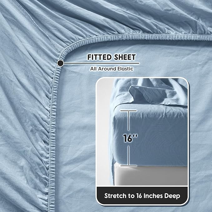 SONORO KATE 100% French Pure Linen Sheets, Breathable and Durable Linen Full Size Sheets, Anti-Tear Linen Bed Sheets, Machine Washable, 16 Inch Deep Pocket - 4 Piece (Dusty Blue, Full)