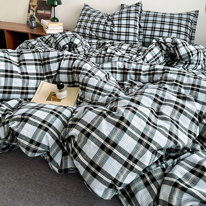 mixinni Vintage Grey & Pale Blue Buffalo Plaid Duvet Cover Set Full Size - 3 Piece Washed Cotton Bedding Set with Grid Pattern, Soft & Breathable Duvet Cover with Pillowcases for Boys, Men& Women