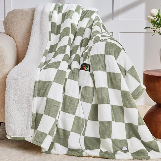 Sage Green Heated Blanket Electric Twin Size, 62X84 Heating Blanket with 10 Heat Levels & 8 Hours Auto Off, Checkered Plaid Soft Fleece Sherpa Blankets Warmer Gifts for Couch Grandma Women Adults