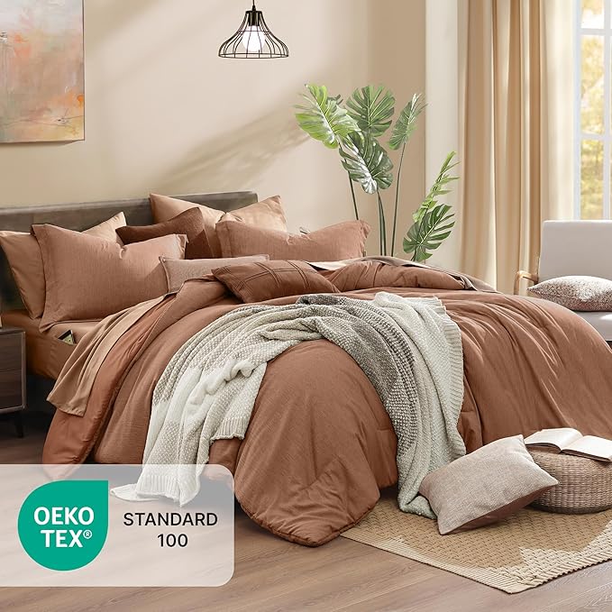 Monbix Oversized King Comforter Set - 7 Pieces Cationic Dyeing Autumn Leaf Bed in a Bag Bed Sets with Comforter, Sheets, Pillowcases & Shams, Reversible Bedding Comforters Sets (120 * 98)
