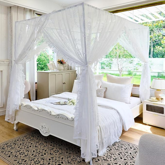 AIKASY Elegant Lace Princess 4-Poster Bed Canopy Mosquito Net - Romantic Wedding Bridal Bedroom Decor, Kids Room Bed Curtain for Women Adults - (White-2,Full)