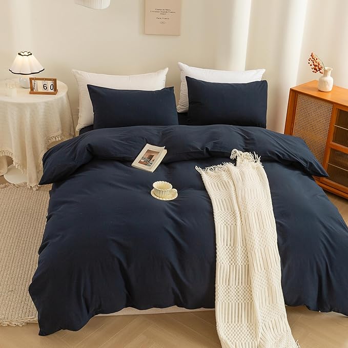 ECOCOTT Navy Blue Duvet Cover California King Size - 100% Washed Cotton Durable Soft Comfy Bedding Set, 3 Pieces Duvet Cover with Zipper Closure (Navy Blue, 104''x98'')
