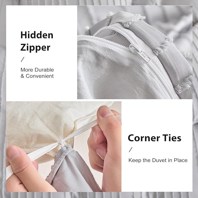 WARMDERN Boho Duvet Cover Set Full Size, Striped Textured Duvet with Zipper Closure, 3 Pcs Ultra Soft Washed Microfiber (Full, LightGrey)