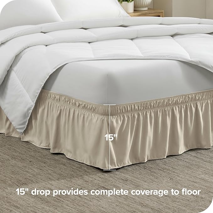 Bare Home Wrap Around Bed Skirt - for King Size Beds with 15 inch Tailored Drop - Easy Fit Elastic Strap - Adjustable and Ruffled Style - Wrinkle, Fade, and Stain Free (King, Sand)