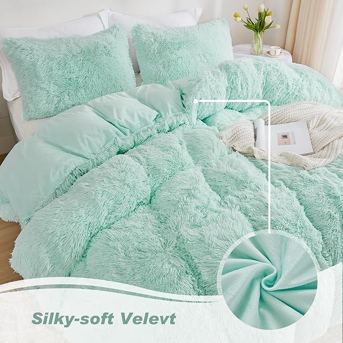 annadaif Fluffy Duvet Cover Full Size, Aqua Green Plush Shaggy Faux Fur Comforter Cover Velvet Bedding Set with Zipper Closure(1 Duvet Cover, 2 Pillowcases)