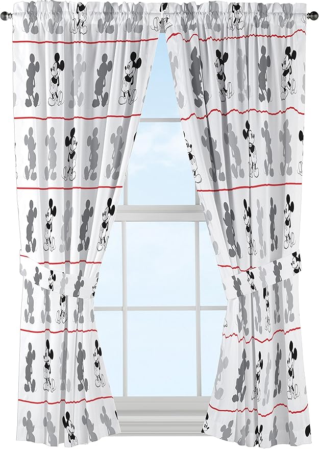 Disney Mickey Mouse Jersey White 4 Piece 63" Curtain/Drapes Set (2 Panels, 2 Tiebacks)