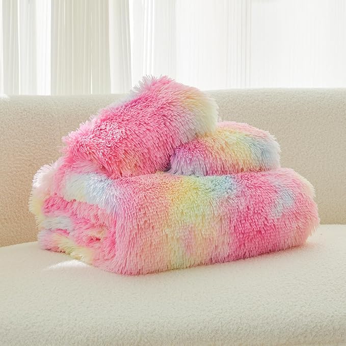 EMME Luxury Fuzzy Duvet Cover Set King Size Fluffy Comforter Cover Set for King Bed 2 Pieces Shaggy and Plush Soft Bedding Duvet Covers (Rainbow Colorful Pink, King)