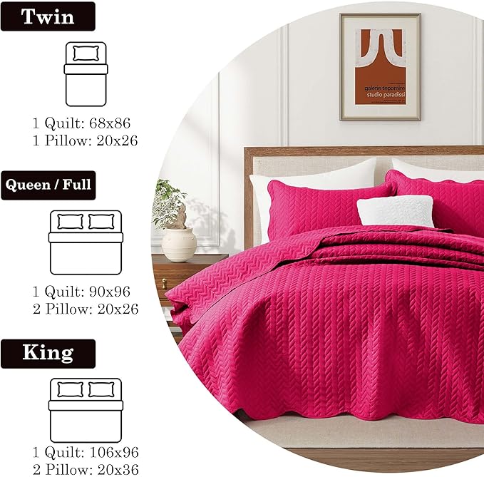 MOONLIGHT20015 Quilt King Size (106" x 96") with 2 Pillow Shams (20" x 36"+2") for Summer - 3 Pcs Lightweight Bedding Set Reversible Coverlet Embossed Quilted Bedspread (Pink)