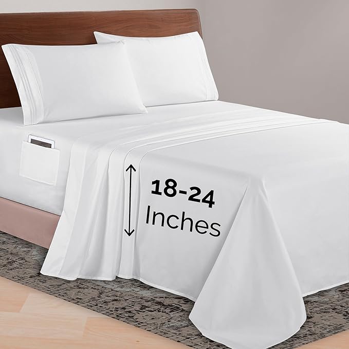 Elegant Comfort Luxurious 1500 Premium Hotel Quality Microfiber 4-Piece Sheet Set, 18-24 Inches Deep - Extra Deep Pocket Sheets - Ultra Soft 4PC Deep Pocket Sheets, Queen, White