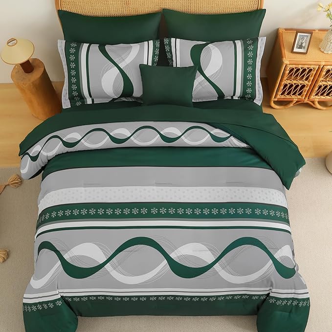 Anibedding Dark Green Comforter Set King Size,8 Pieces Bed in a Bag Patchwork Striped Bedding Sets,Boho Soft Microfiber Bedding Set for All Season(104"×90")