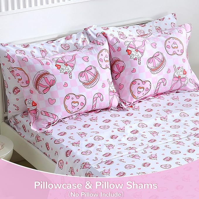 Viviland Kids Full Bedding Sets for Girls, Soft Full Comforter Set with Sheets, 7 Pieces Microfiber Bed in a Bag, Pink Dessert Cake