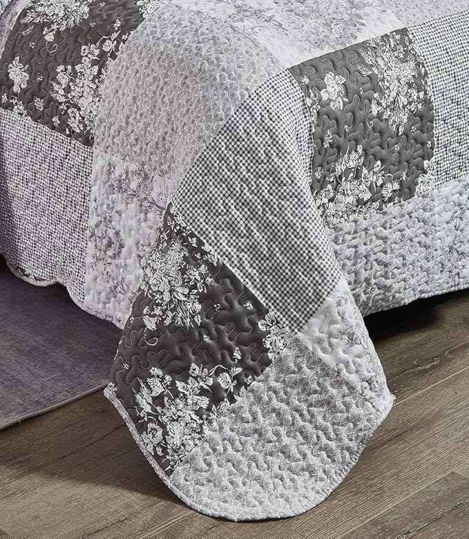 Brilliant Sunshine Grey Toile Floral Patchwork, 3-Piece Quilt Set with 2 Shams, Reversible Bedspread, Soft Lightweight Coverlet, All-Season, Full/Queen, Grey