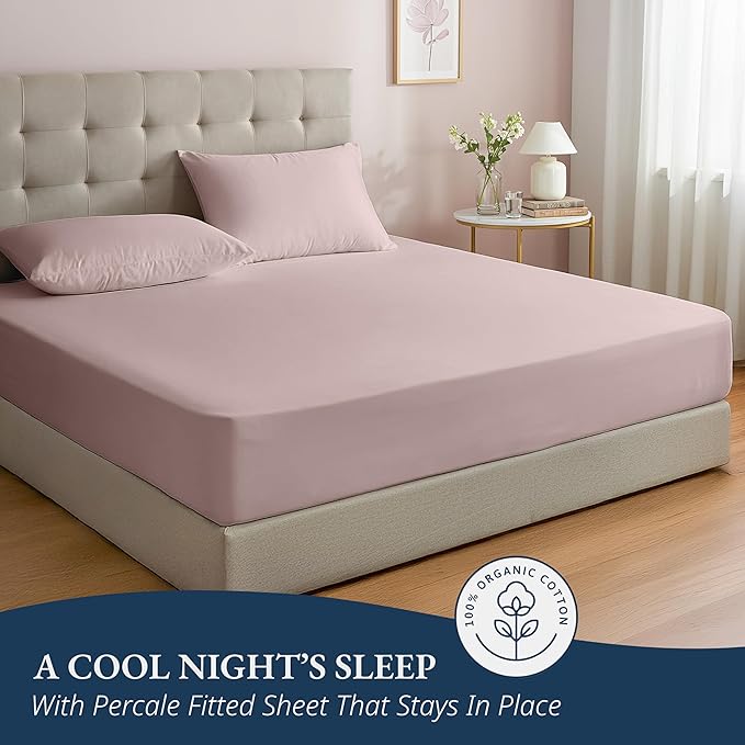 LANE LINEN Fitted Sheet King Size, 100% Organic Cotton, 3-Piece Set (1 Fitted Sheet,2 Pillowcases), Percale Weave, Ultra Soft, Breathable,Fits Mattress Upto 15" Deep - Sepia Rose (No Flat Sheet)