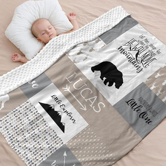 Personalized Baby Blanket for Boys Super Soft Double Layer with Dotted Backing, Lovely Woodland Animal Design Blanket for Toddler Newborn, Polyester, Mocha Meringue, 35 x 45 Inch