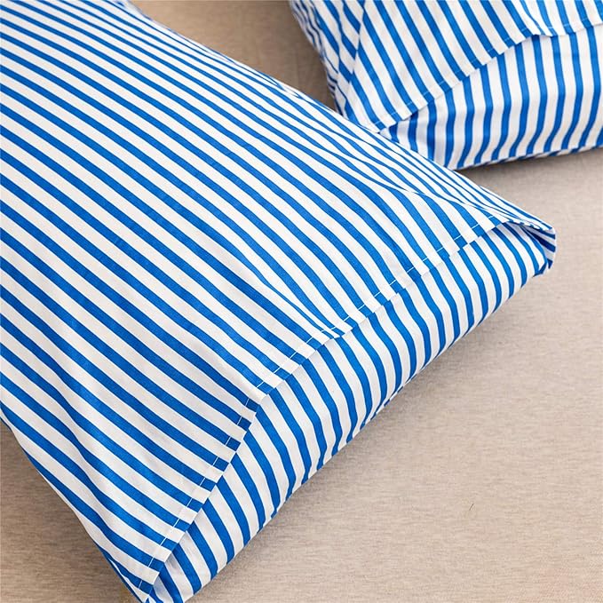 JELLYMONI 100% Natural Cotton 3pcs Striped Duvet Cover Sets,White Duvet Cover with Blue Stripes Pattern Printed Comforter Cover,with Zipper Closure & Corner Ties(King Size)