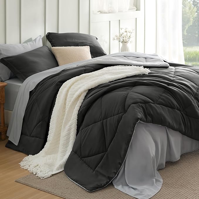 Bedsure Charcoal Grey Queen Comforter Set - 7 Pieces Reversible Bedding, Queen Size Bed Set for All Seasons, Bed in a Bag with Down Alternative Comforter, Sheets, Pillowcases & Shams