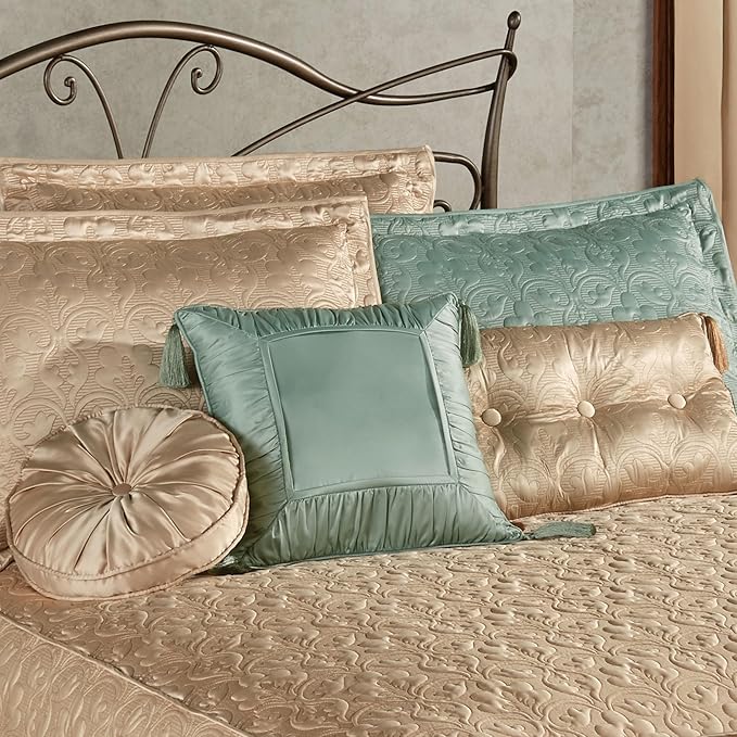 Cambridge Classic Luxury Bedding | Neutral Wheat Solid Color Polyester Satin | Elaborate Damask Quilting | 6 Pc Bed Set Includes Oversized Full Bedspread, 2 Standard Shams, & 3 Decorative Pillows