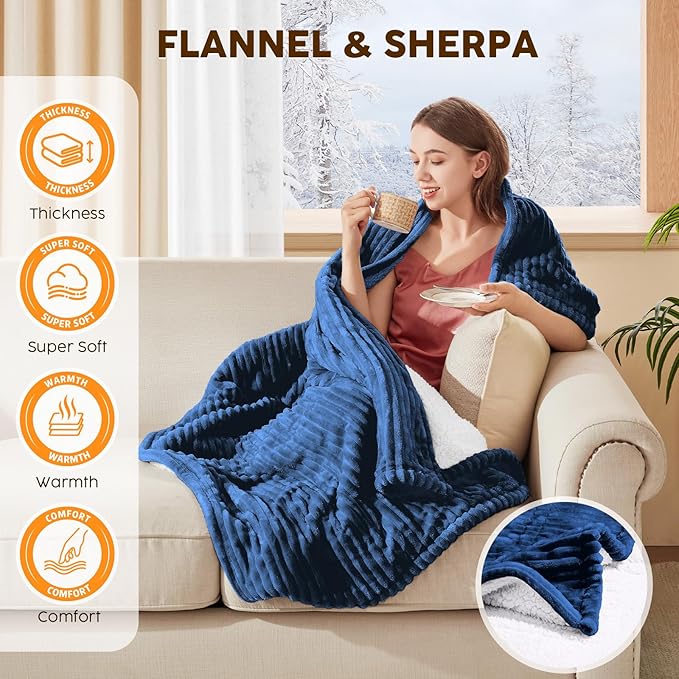 HYLEORY Heated Blanket Electric Full Size, Soft Flannel Sherpa Heater 5 Heat Settings and 10 Hours Auto Shut-Off Heating Blanket ETL Certification Over-Heat Protection Machine Washable,Navy Blue