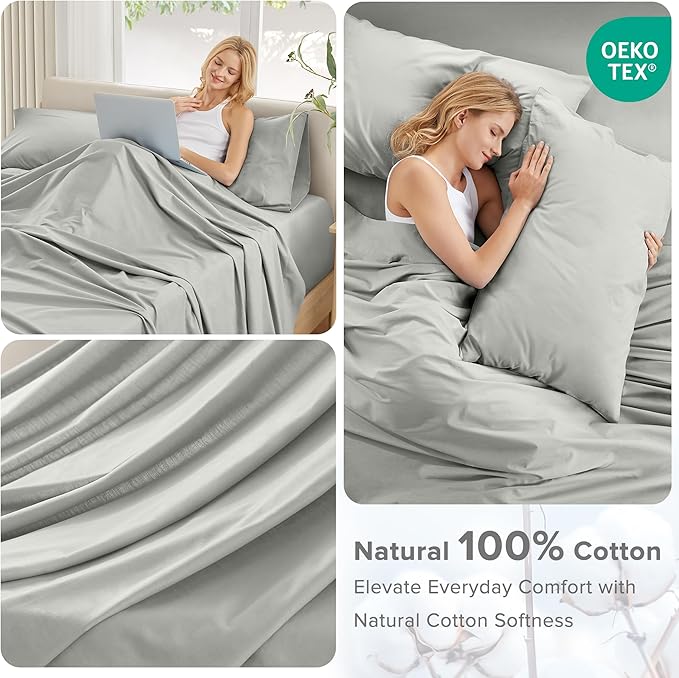 Comfort Spaces Extra Deep Pocket, 100% Cotton Queen Fits up to 24" Mattress, Breathable, Naturally Cool Cotton, Soft Cotton Sheets, All Seasons Sheet Set, Grey 4 Piece