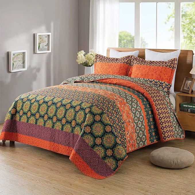 Travan Boho Stripe Quilt Sets Floral Printed Reversible Soft Bohemian Bedding Set with Shams for All Season, Orange Red Stripe, Queen Size