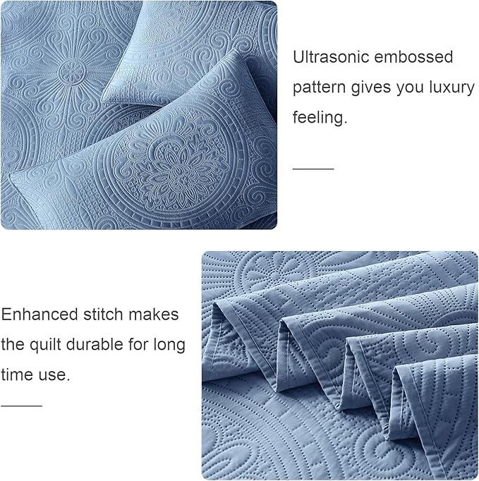 WURUIBO King/Cal King Quilt Set Bluish Grey,Ultrasonic Embossed Bedspread, Lightweight Microfiber Coverlet, Modern Thin Bedding Set for All Season, 3 Piece(1 Quilt,2 Pillow Shams)