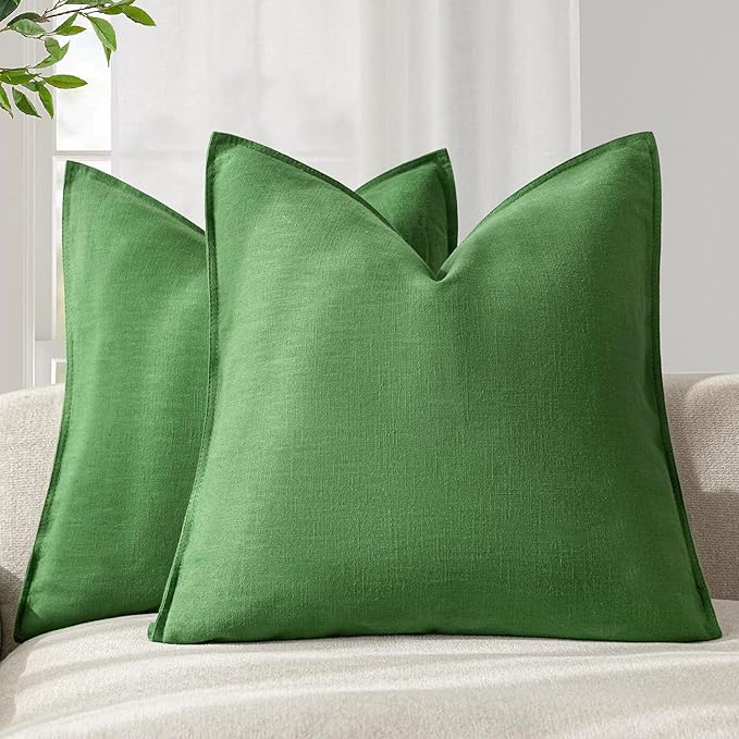 Foindtower Pack of 2, Decorative Linen Soild Throw Pillow Covers Soft Accent Euro Cushion Case Boho Farmhouse Pillowcase for Chair Couch Sofa Bedroom Living Room Home Decor 22 x 22 Inch Forest Green