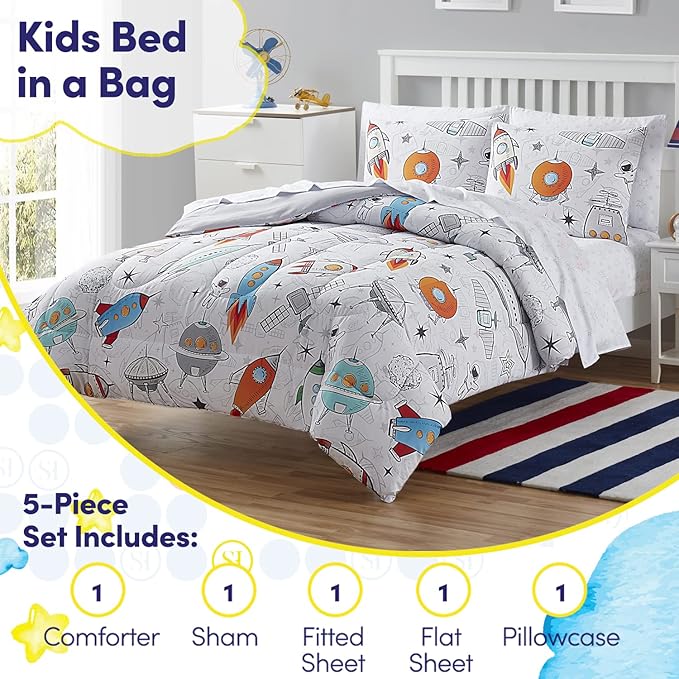 Kids Bedding Set Bed in a Bag for Boys and Girls Toddlers Printed Sheet Set and Comforter, Twin, Floating in Space (Pack of 4)