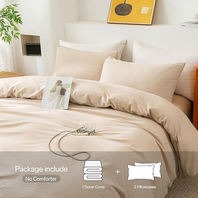 ECOCOTT 100% Washed Cotton Duvet Cover Super King Size – Soft & Breathable Linen Feel Bedding Set, 3 Pieces Khaki Comforter Cover with Zipper Closure for All Seasons
