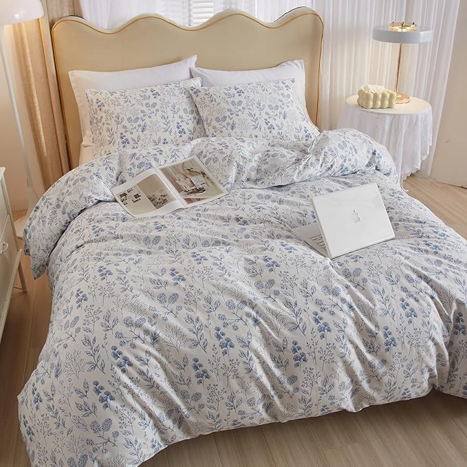 Twin Size Cute White Duvet Cover with Blue Floral Print,Coquette Bedding Set Soft Cotton Comforter Cover Boho Style,Aesthetic Twin Bedding Set with Zipper Closure 4 Ties