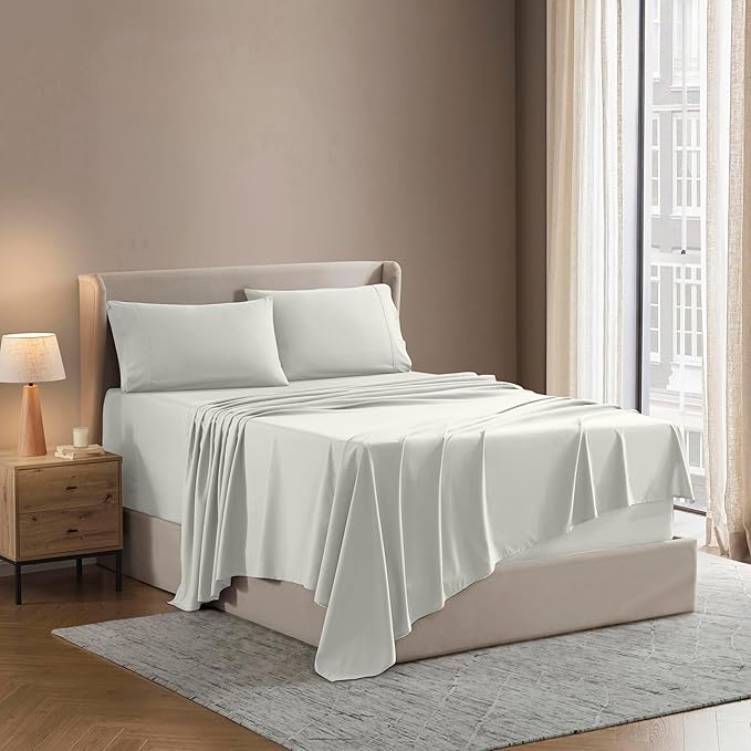 Nestl Bed Linen Set - Short Queen 4Piece Sheet Set, Microfiber, Off White, Lightweight, Breathable, Wrinkle Free