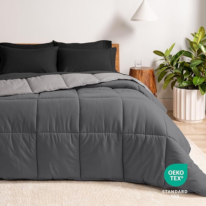 Bare Home Reversible Bed-in-A-Bag Comforter & Sheet Set - Split King - Down Alternative - Soft - Bedding Set (Split King, Grey/Light Grey, Black)