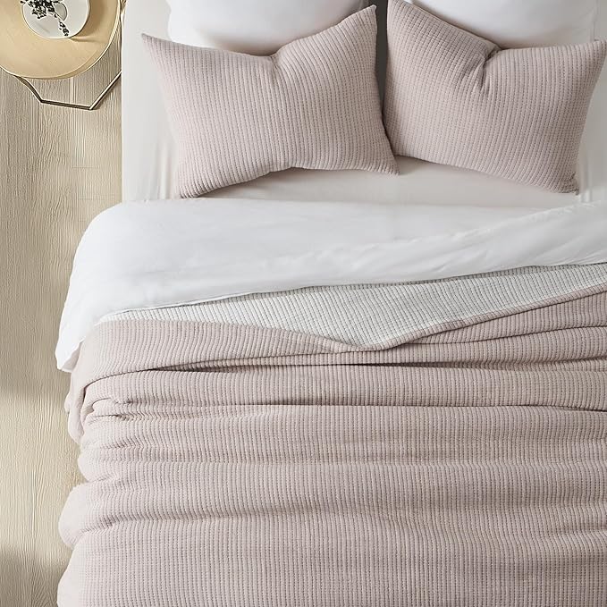 EVERGRACEHOME Cotton Gauze Full Queen Bedspread, Ultra Soft Prewashed Pick Stitch Matelassé Coverlet, Lightweight Textured Oversized Queen Quilt Bedding Set for All Season, with 2 Shams, Rosette Beige