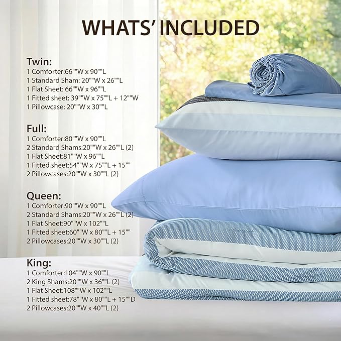Twin Size Striped Comforter Set, Soft Microfiber Reversible Bedding Sets for All Season 5 Pieces Bed in A Bag Set with Comforter, Sheets, Pillowcase & Sham, Navy/Blue