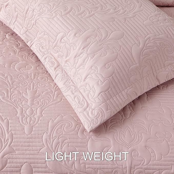 Hansleep Pink Quilt Queen Size - Damask Ultrasonic Summer Bedspread Queen, Soft Lightweight Coverlet Bedding Set, 3 Pieces (1 Quilt, 2 Pillow Shams)