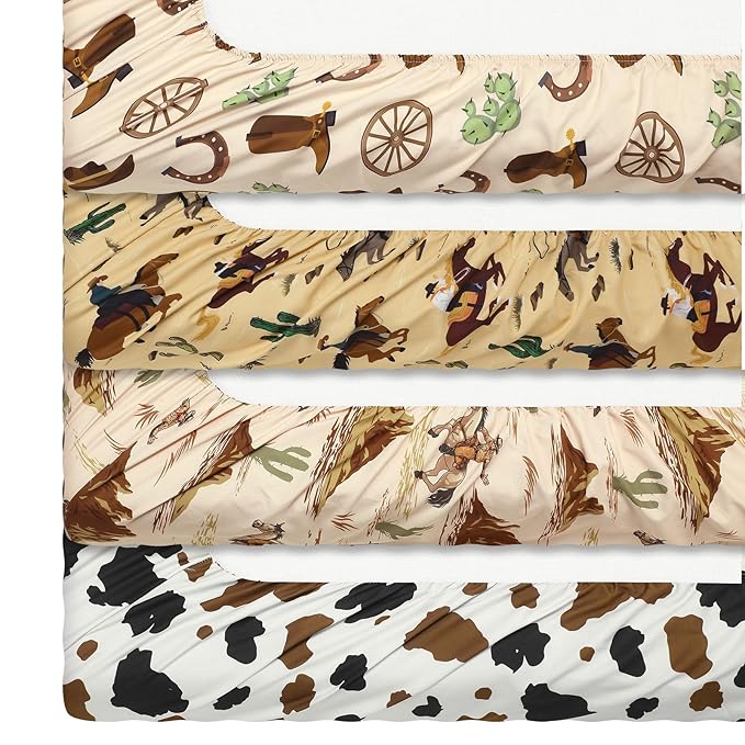 VitalCozy 4 Pcs Western Cowboy Crib Sheet Set Newborn Bedding Nursery Baby Sheets for Girl Boys Baby Gifts for Standard Crib and Toddler Mattresses, 52 x 28 x 8 Inches