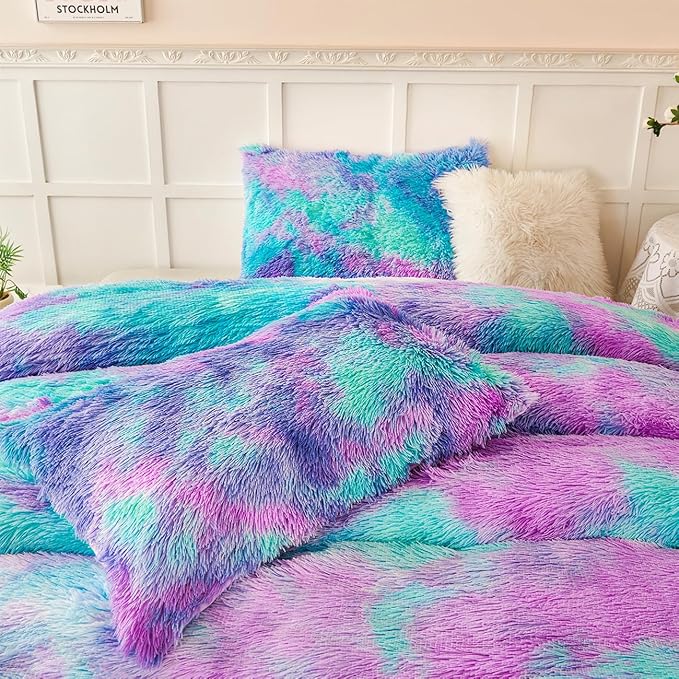 PERFEMET Fuzzy Girls Twin Comforter Set 3 Pieces Colorful Purple and Teal Faux Fur Fluffy Bedding for Kids Teens Ultra Soft Warm Tie Dye Velvet Plush Shaggy Bed Comforter Sets(Purple Teal, Twin)