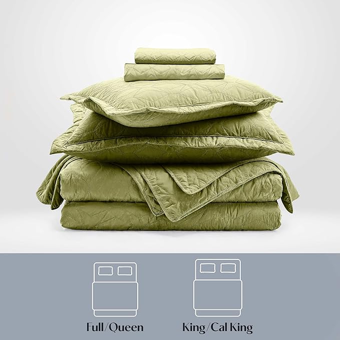 Hearth & Harbor King Quilt Set – All-Season Lightweight Bedspread & Coverlet with Pinsonic Weave - 7 Piece King Quilt Set with Pillow Shams, Olive Green - King Ellipse