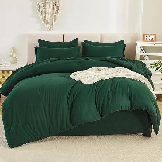 Litanika Queen Comforter Set Dark Emerald Green - 7 Pieces Bed in a Bag Queen Bedding Comforter Sets, Solid Lightweight Bed Set with Comforter, Sheets, Pillowcases & Shams