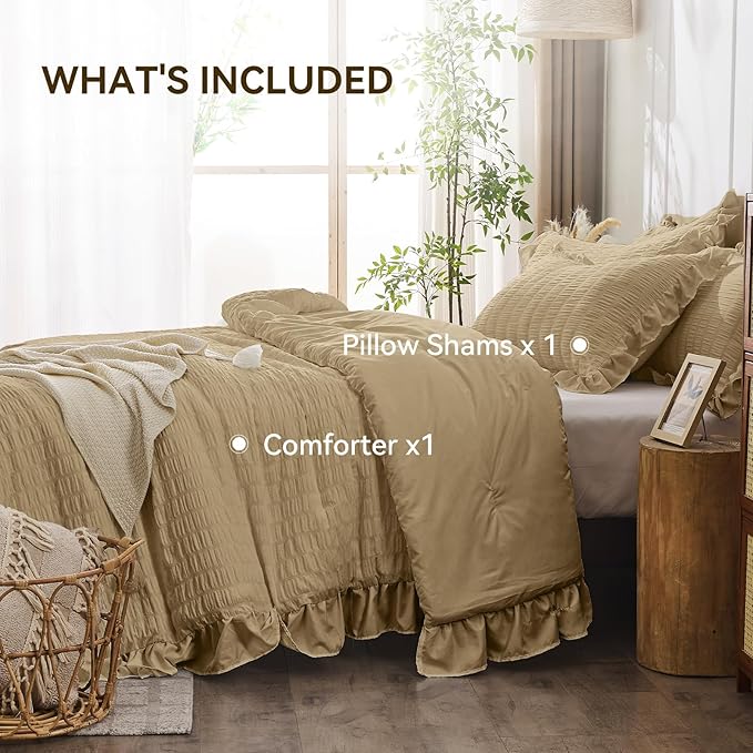 JOLLYVOGUE Twin Size Comforter Set, 2 Pieces Light Coffee Seersucker Lightweight Fluffy Bedding Set, Twin Ruffle Comforter, All Season Soft Microfiber Shabby Chic Bed Set