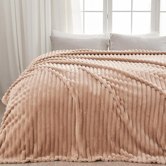 NEWCOSPLAY Super Soft King Blanket Taupe Premium Silky Flannel Fleece 3D Ribbed Jacquard Lightweight Bed Blanket All Season Use (Taupe Ribbed, King(90"x110"))