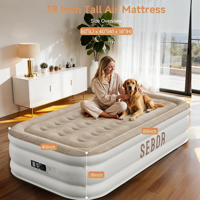 Sebor Air Mattress Twin with Built-in Pump 18", Comfortable Self-Inflating Air Mattress with High-Speed Pump, Durable Blow Up Mattress Twin with Storage Bag for Guests, Camping, Travel