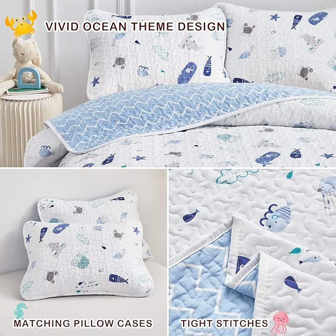 Joyreap 3-Piece Cotton Quilt Set Full/Queen, Vibrant Ocean Theme Starfish Whale Crab Printed on White, Smooth Soft Quilt Bedspread Bed Cover for All Season, 1 Quilt and 2 Pillow Shams- 90x90 inches