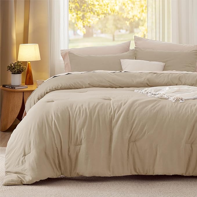 Bedsure Full Comforter Set, Khaki Soft Prewashed Bedding for All Seasons, 3 Pieces GentleSoft™ Bed Set, 1 Lightweight Comforter (82"x86") and 2 Pillowcases (20"x26")